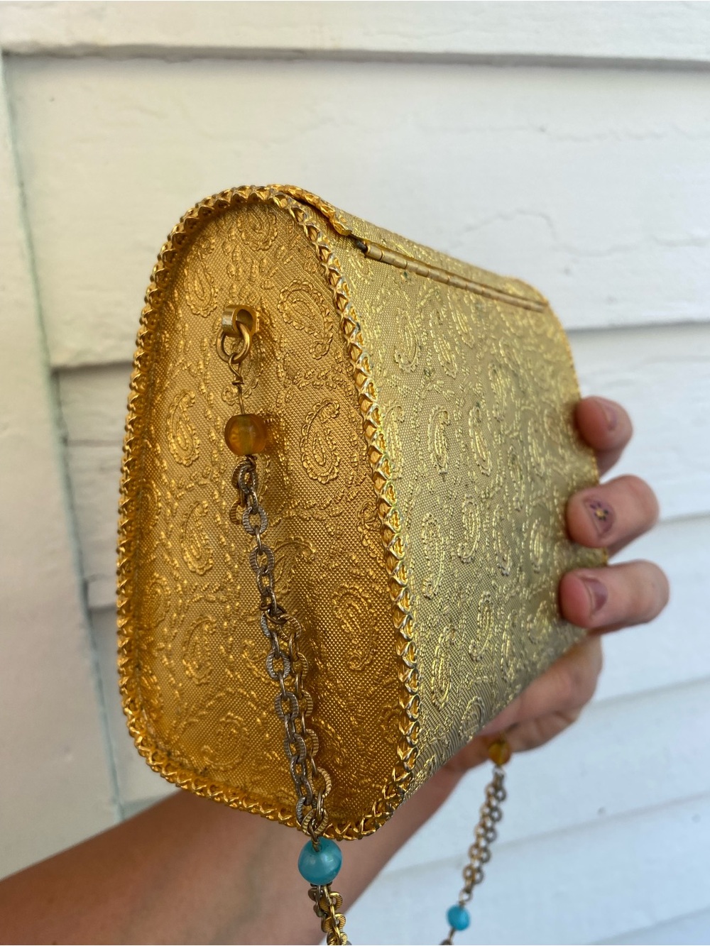 Vintage Italy Gold Metal Paisley Embossed Evening Shoulder Bag Minaudière - Picture 15 of 17